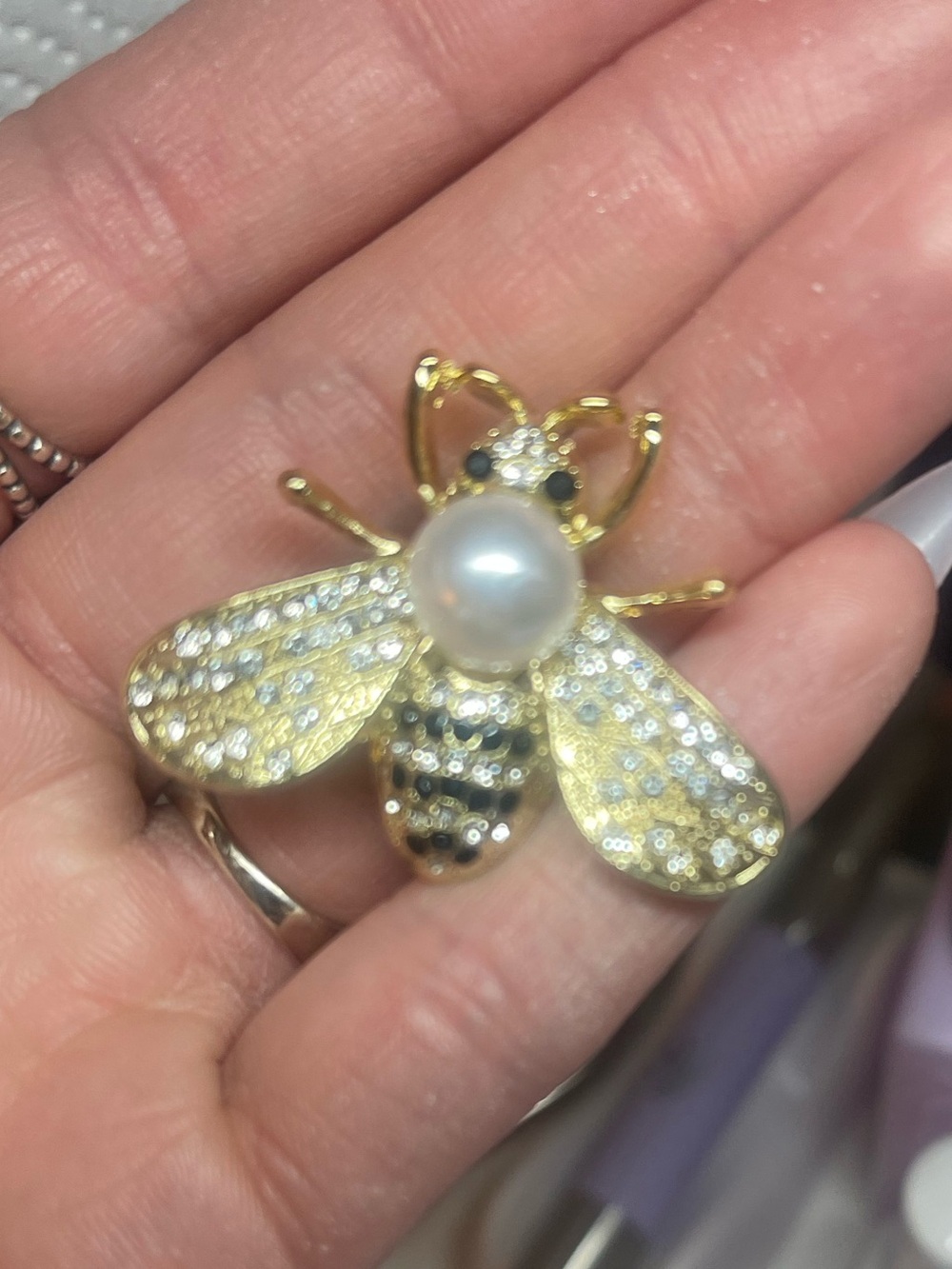 Gold Bee Brooch with Pearl and Clear Crystals